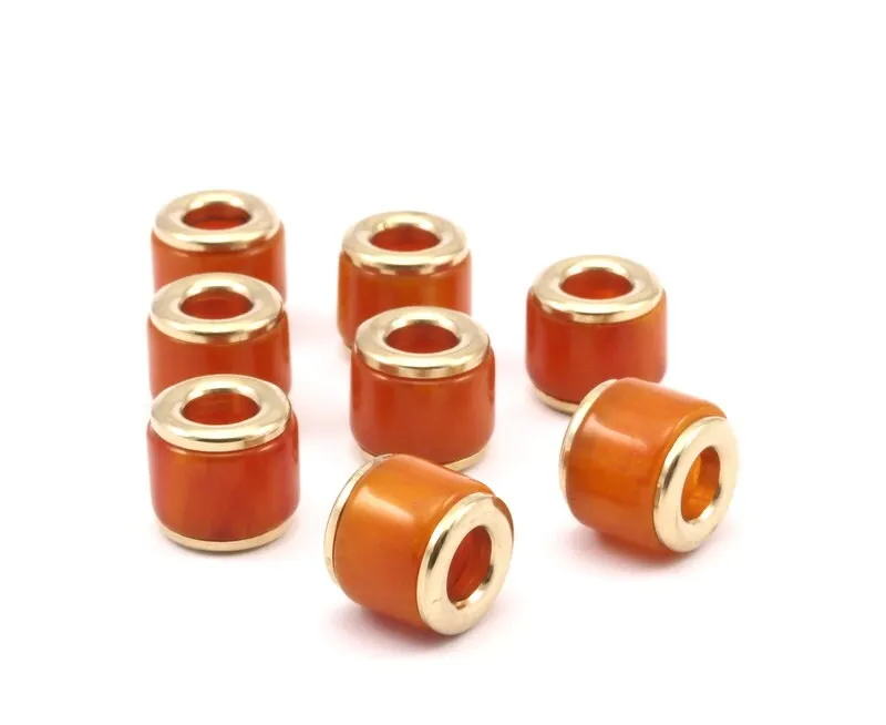 6 Brass Polyester Dark Orange Beads (13x12mm)  Hole Size 6mm  N2 T022