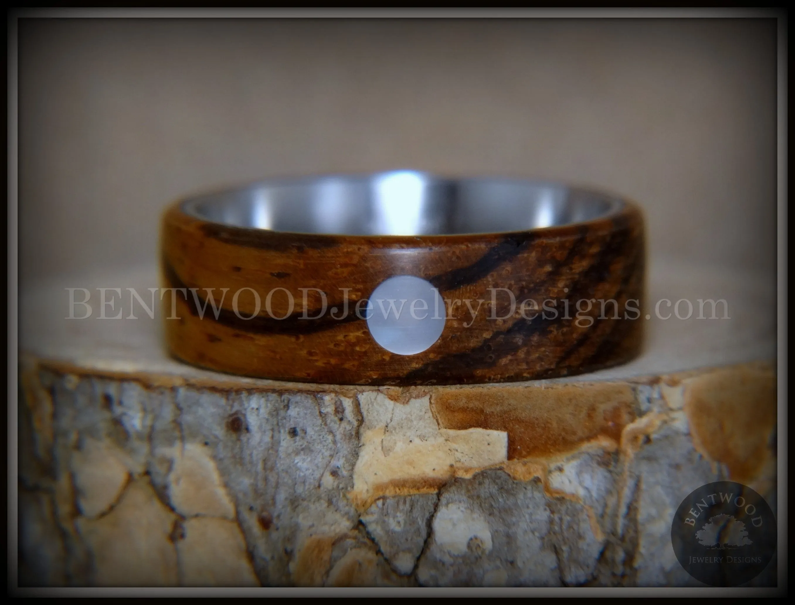 Bentwood Ring - Sea Pearl Zebrawood with Mother of Pearl Shell Inlay on Comfort Fit Surgical Steel Core