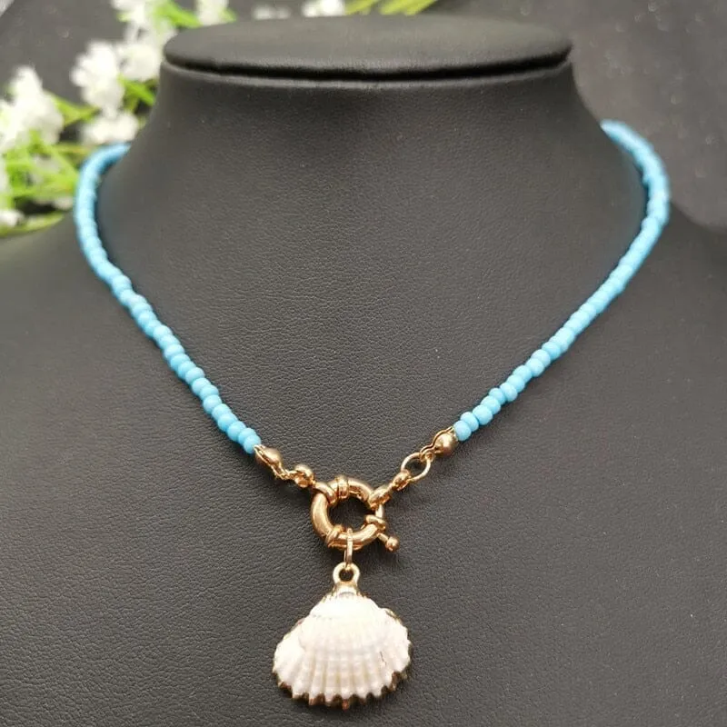 Bohemian Colorful White Blue Beads Puka Shell Strand Choker Necklace