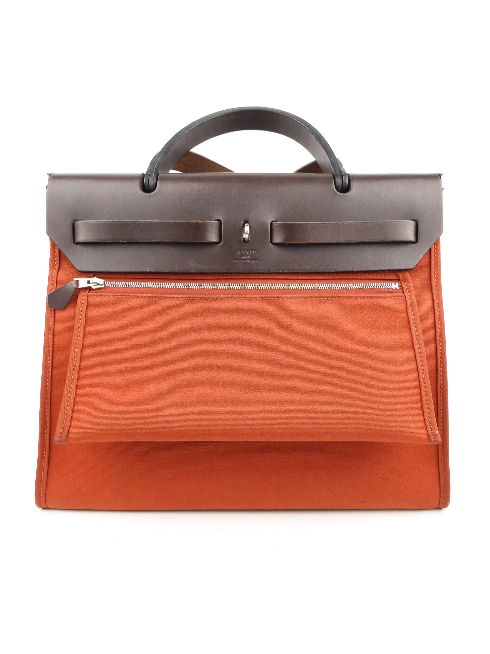 Hermes Herbag Zip 31 Rust Orange Toile Canvas and Brown Vache Hunter Leather SHW