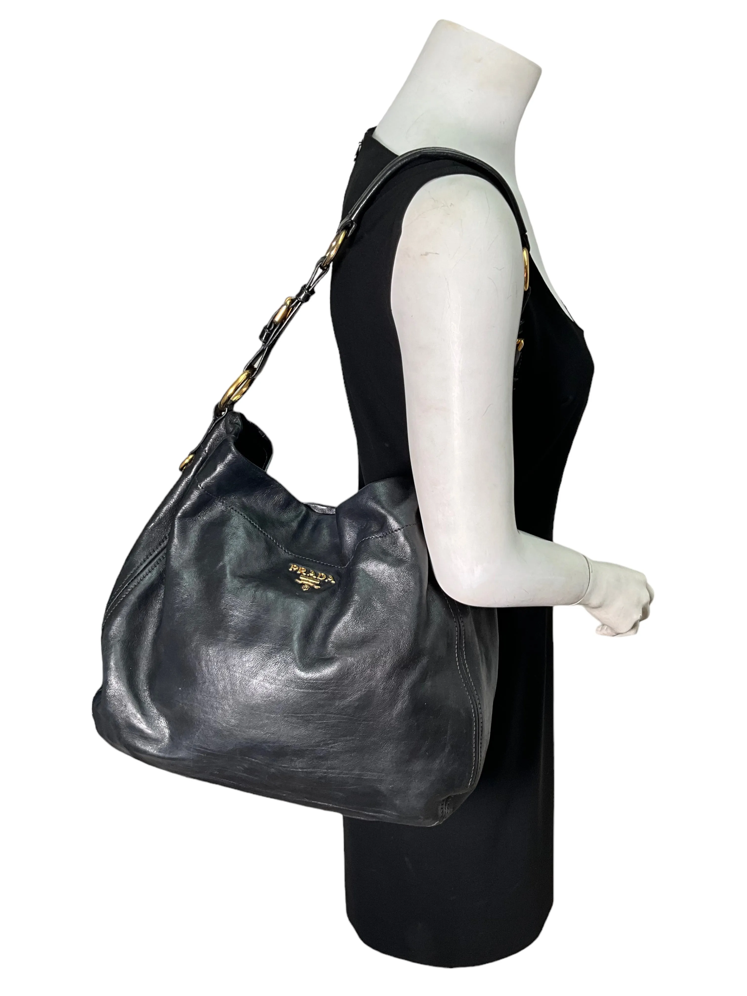 Prada Black Glace Calf Hobo Bag