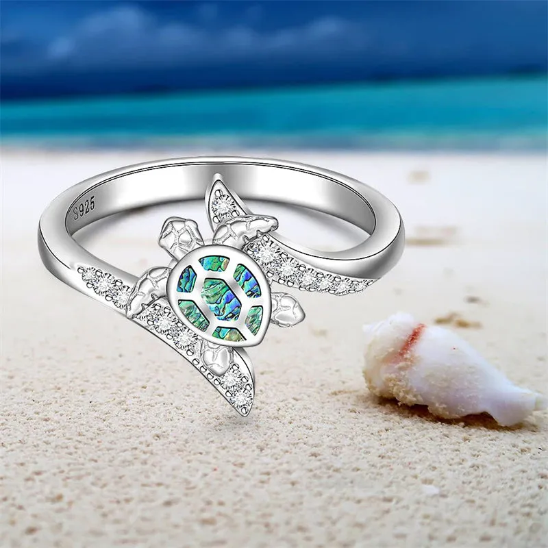 Turtle Ring Sea Turtle Abalone Shell Ocean Wave Rings for Women Sterling Silver Animal Good Luck Mothers Day Gifts