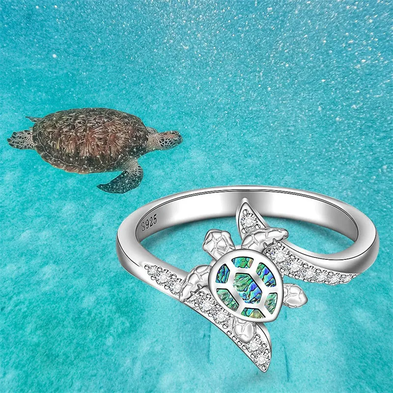 Turtle Ring Sea Turtle Abalone Shell Ocean Wave Rings for Women Sterling Silver Animal Good Luck Mothers Day Gifts